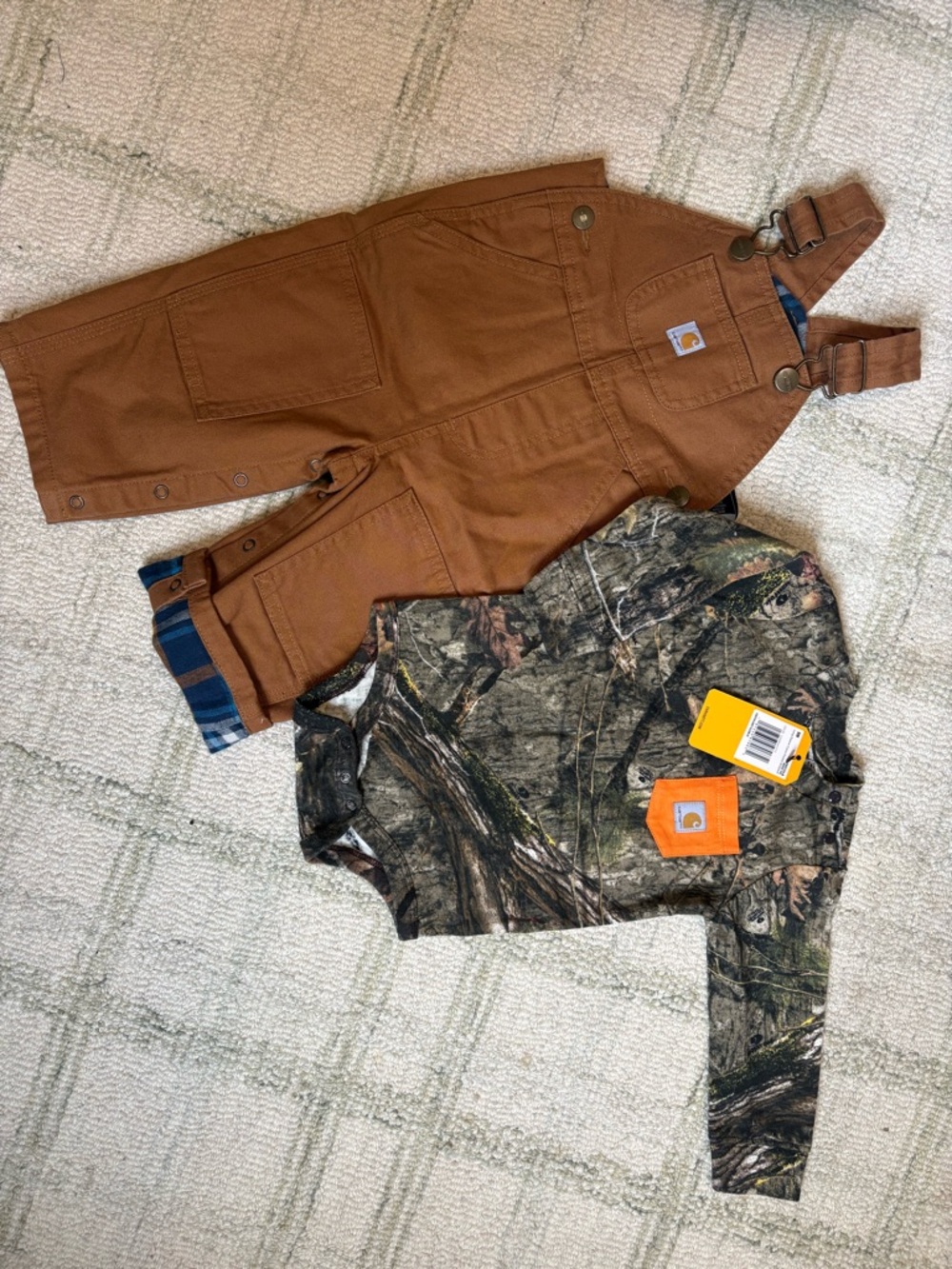 Carhartt Brown Duck Overalls & Camo Shirt Set - Brown / Camo baby boy 9 months